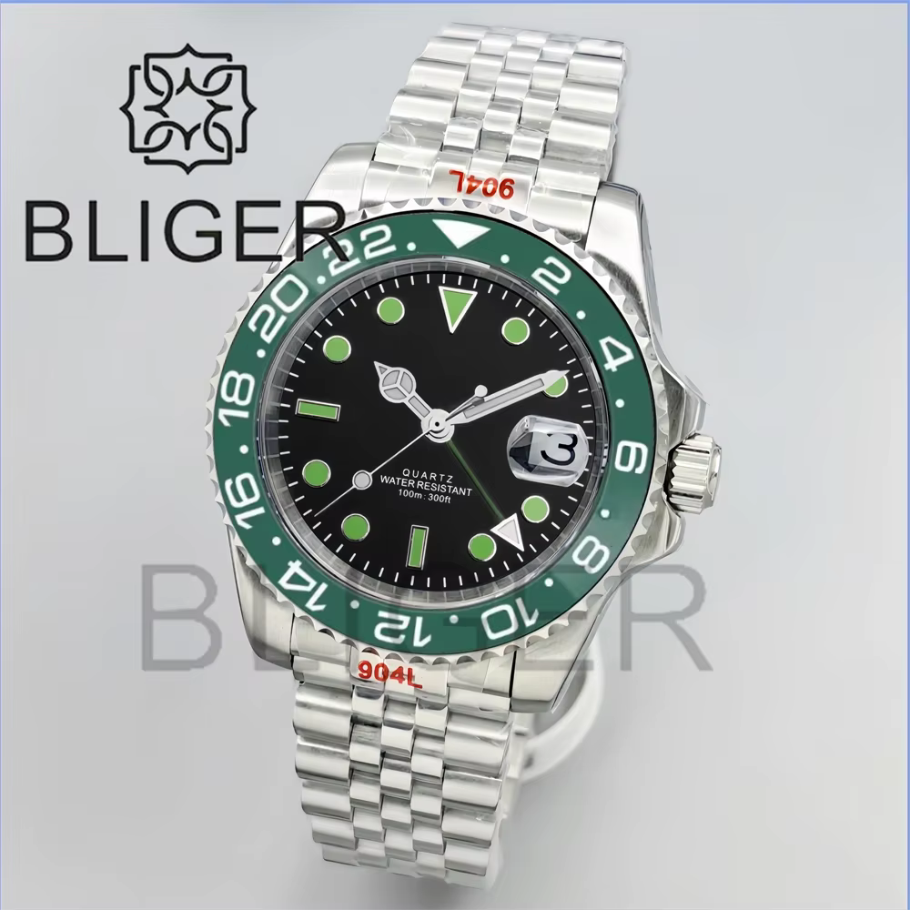 BLIGER 40mm GMT montres pour hommes 100M étanche Logo personnalisé céramique verre saphir acier inoxydable affaires