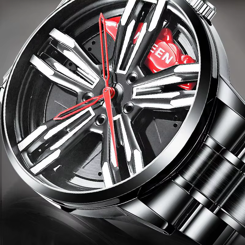 FNGEEN montre de course pour hommes personnalisé Super voiture jante conception en acier inoxydable noir rétro étanche