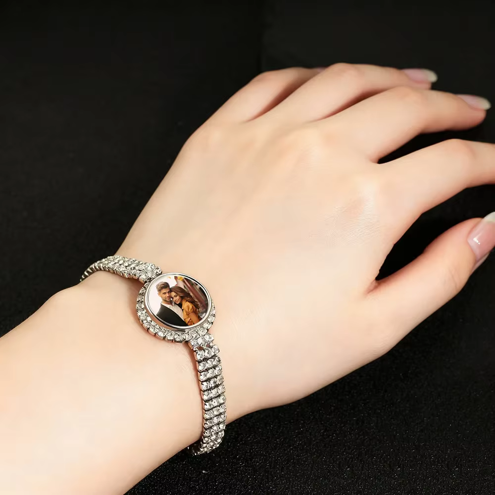 Bracelet personnalisé avec photo et strass pour femme, bijou personnalisé avec image de famille ou de couple, souvenir cadeau pour anniversaire