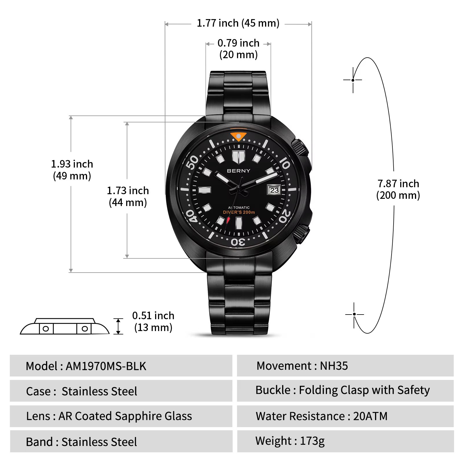 BERNY 20ATM montre de plongée pour hommes noir mécanique Original mis5 8215 haut automatique saphir luxe