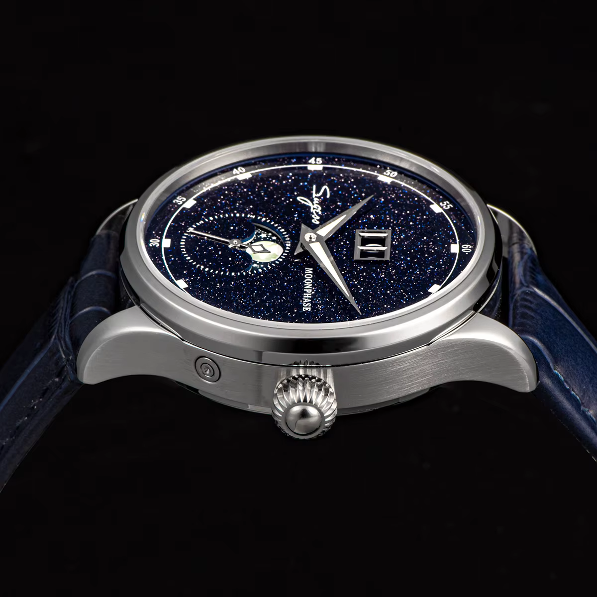 Sugess Moonphase montre pour hommes 40mm montres mécaniques automatiques origine ST2528 mouvement acier inoxydable cadrans en grès bleu