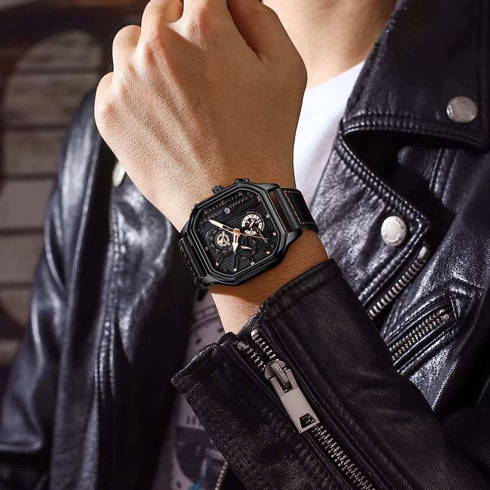 CRRJU mode cadran carré en cuir hommes montres de luxe Sport montre étanche Homme chronographe Quartz