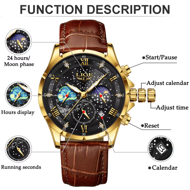Montre de sport en cuir véritable pour homme