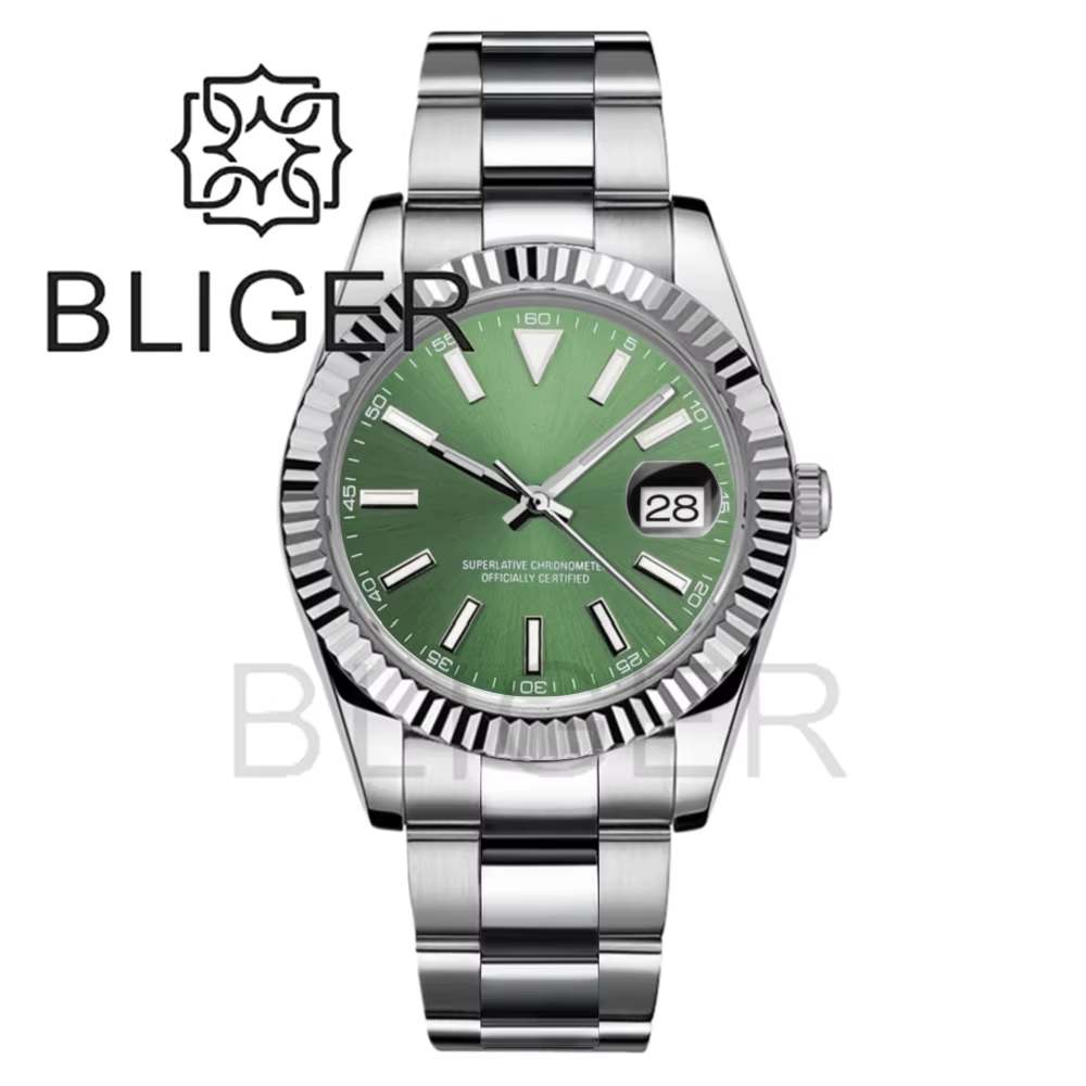 BLIGER 36mm/39mm montre DJ pour hommes lunette cannelée verre saphir étanche en acier inoxydable fermoir Glidelock cadran lumineux Sunburst