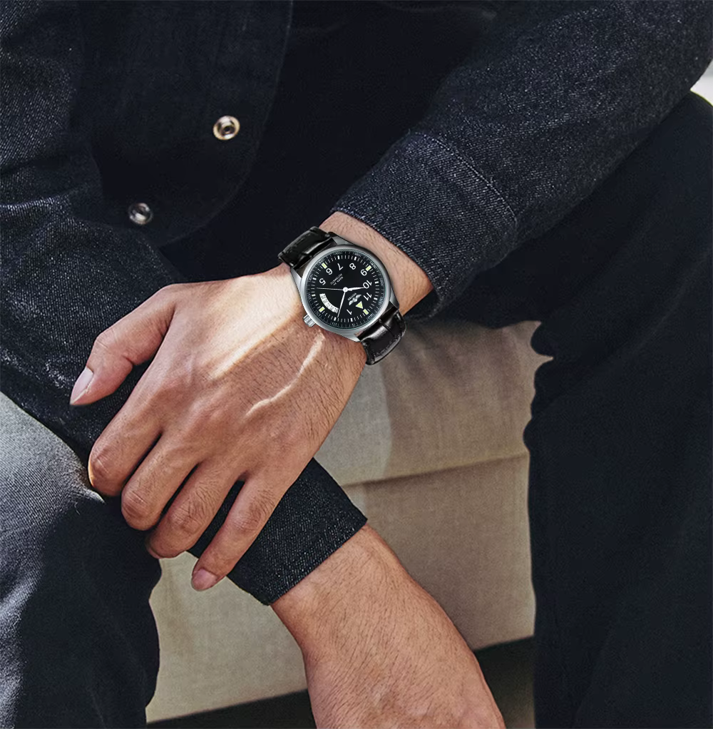 Montre automatique WINNER pour homme, fenêtre de calendrier, cadran noir tendance, bracelet en cuir tendance, montre mécanique de luxe de marque