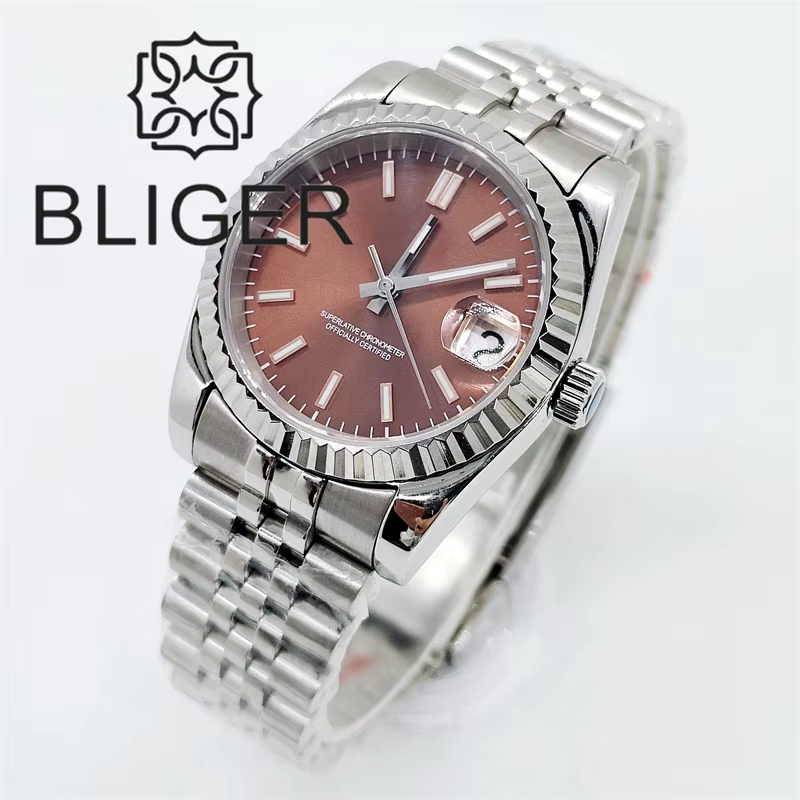 BLIGER 36mm/39mm Sunburst cadran marron montre NH35 lunette cannelée saphir cristal Rose bord bâtons Index jubilé Bracelet étanche