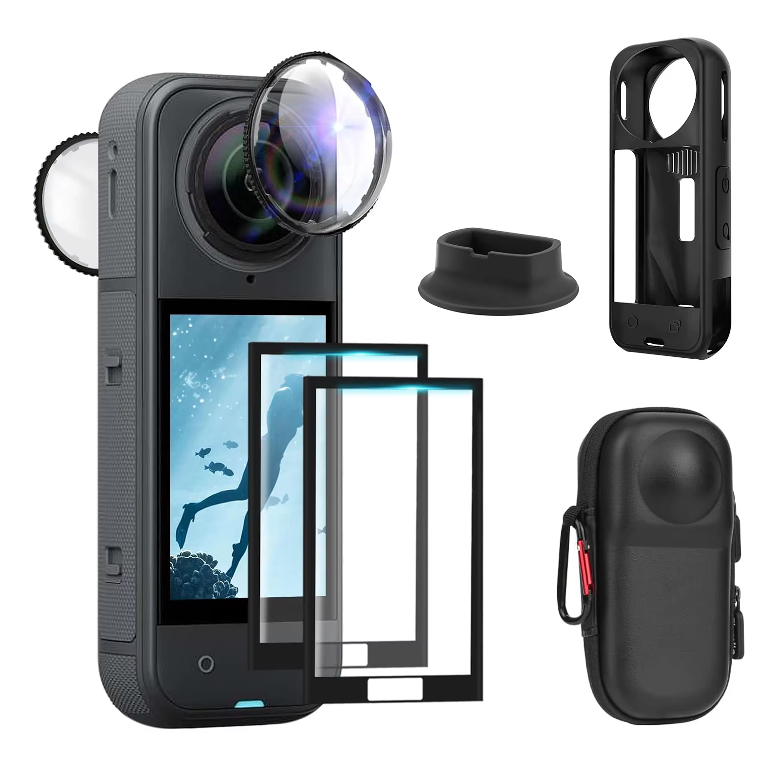 Kit d'accessoires pour Insta 360 X5 comprenant un étui de transport/une coque en silicone/des protections d'objectif/du verre trempé pour écran/une base de support en silicone