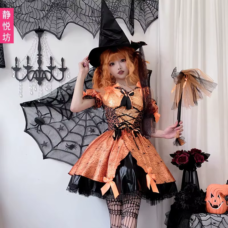 Costume d'Halloween Sexy et Mignon pour Femme, Robe de Sorcière Citrouille Cosplay Anime
