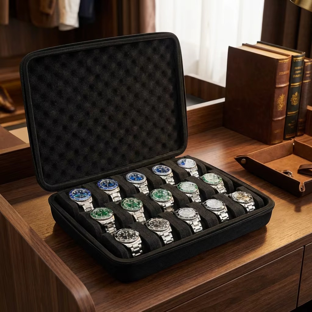 Boîte de rangement pour montres à coque rigide avec 15 emplacements