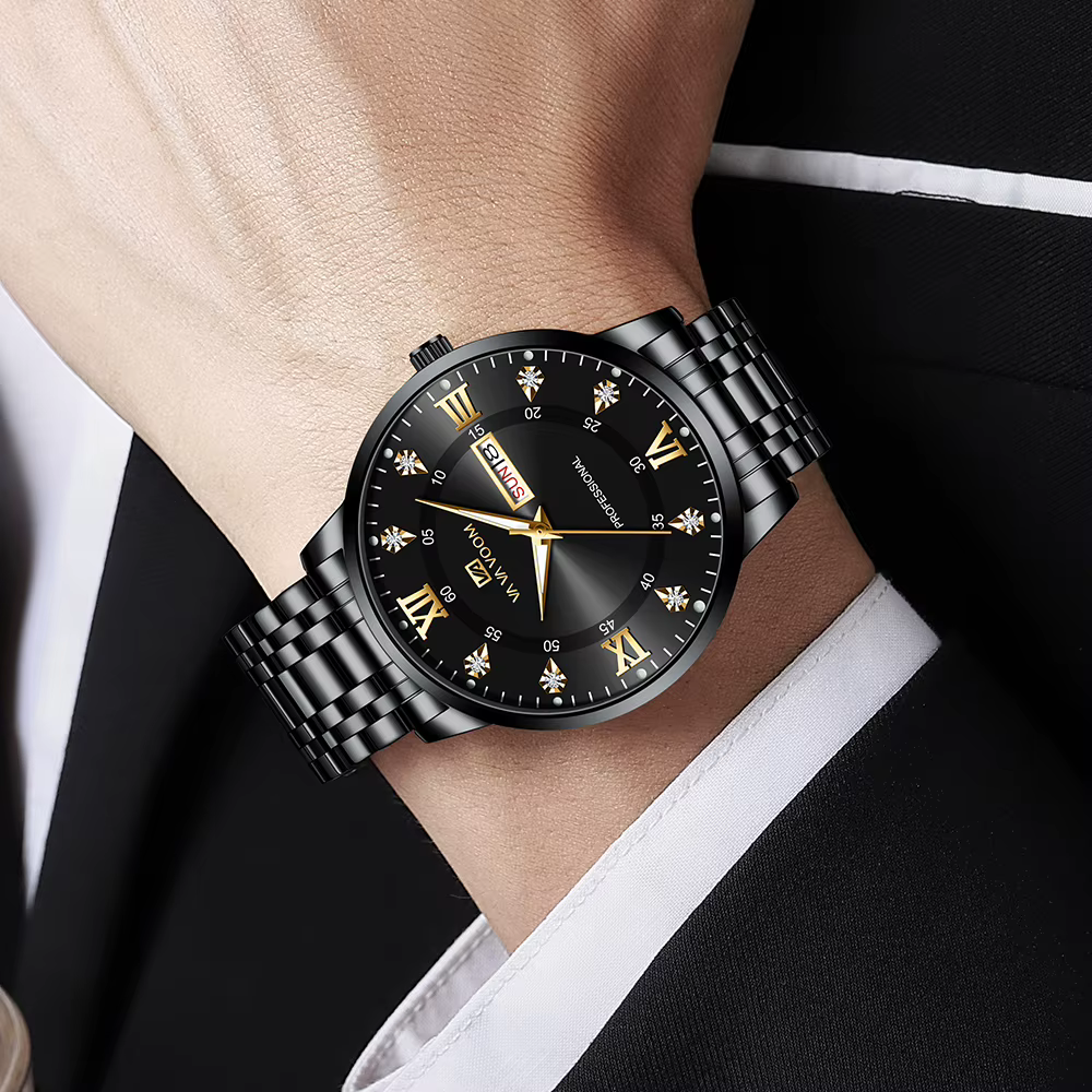 VA VA VOOM Top marque de luxe hommes montre semaine mouvement à Quartz horloge d'affaires noir en acier inoxydable 3Bar