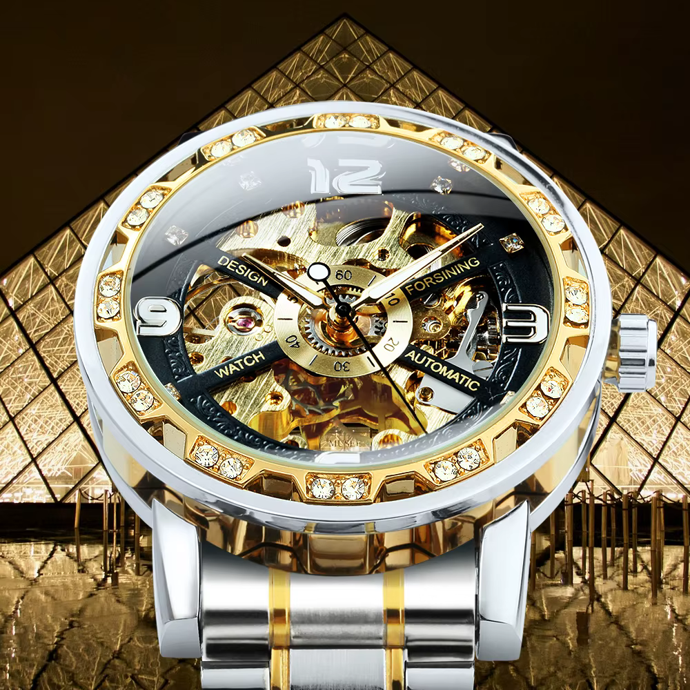 Forsining montres mécaniques de luxe aiguilles lumineuses montre squelette rétro en or pour hommes bracelet en acier