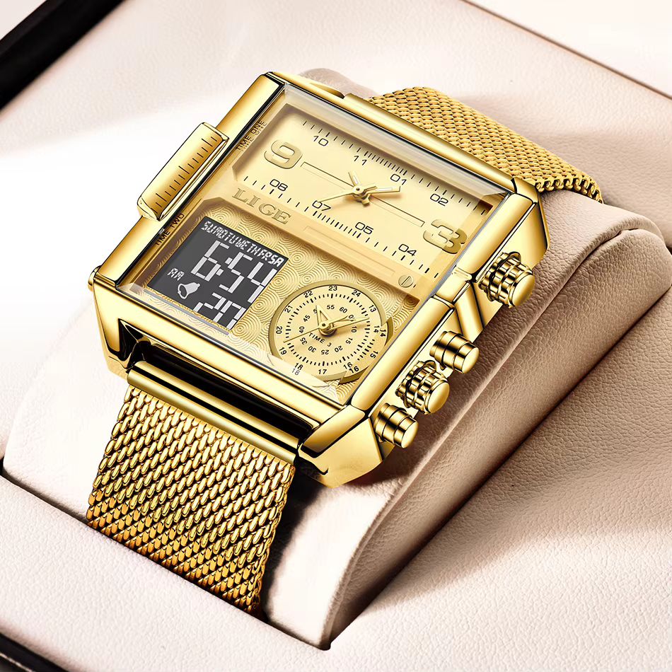 LIGE 2023 nouvelle montre en or femmes Top marque de luxe créatif montres carrées dames mode double affichage