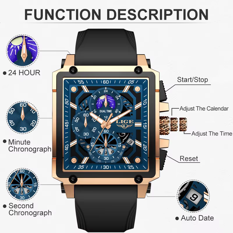 Montres pour hommes LIGE Top marque de luxe chronographe montre de sport carrée mode