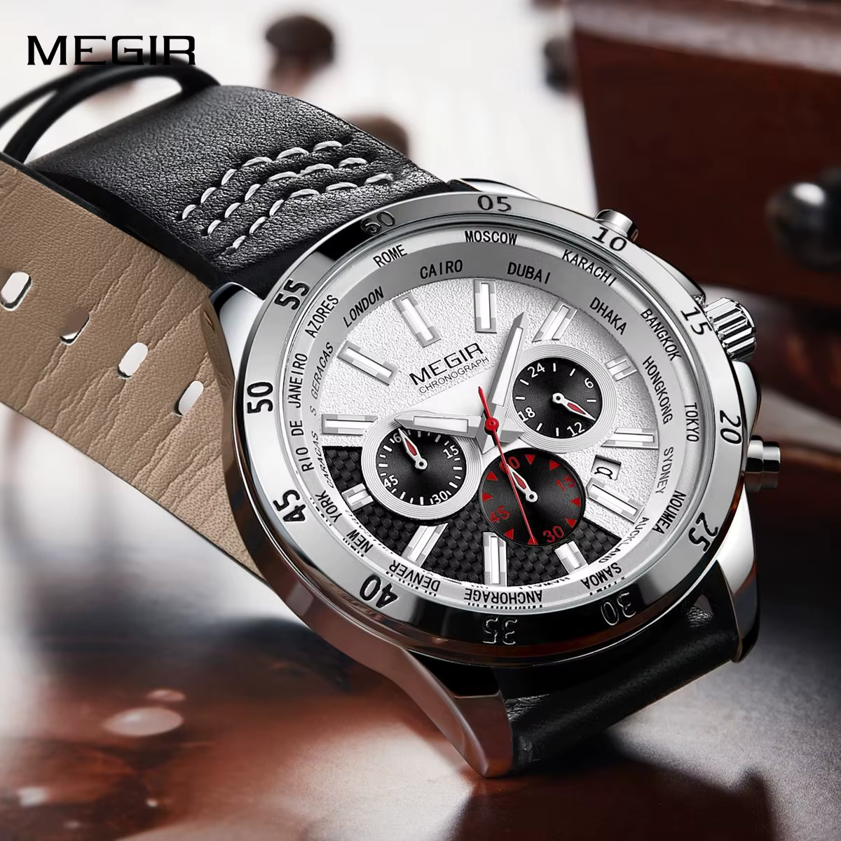 Montres-bracelets à quartz multifonctionnelles à grand cadran MEGIR pour hommes