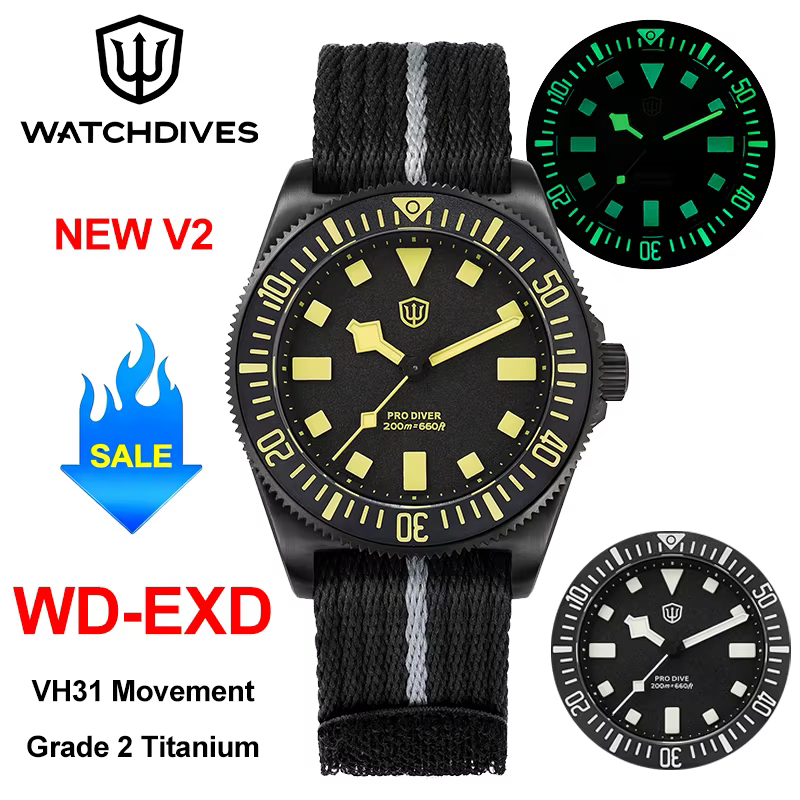 Watchdives EXD V2 montre à Quartz Grade 2 titane VH31 mouvement de balayage
