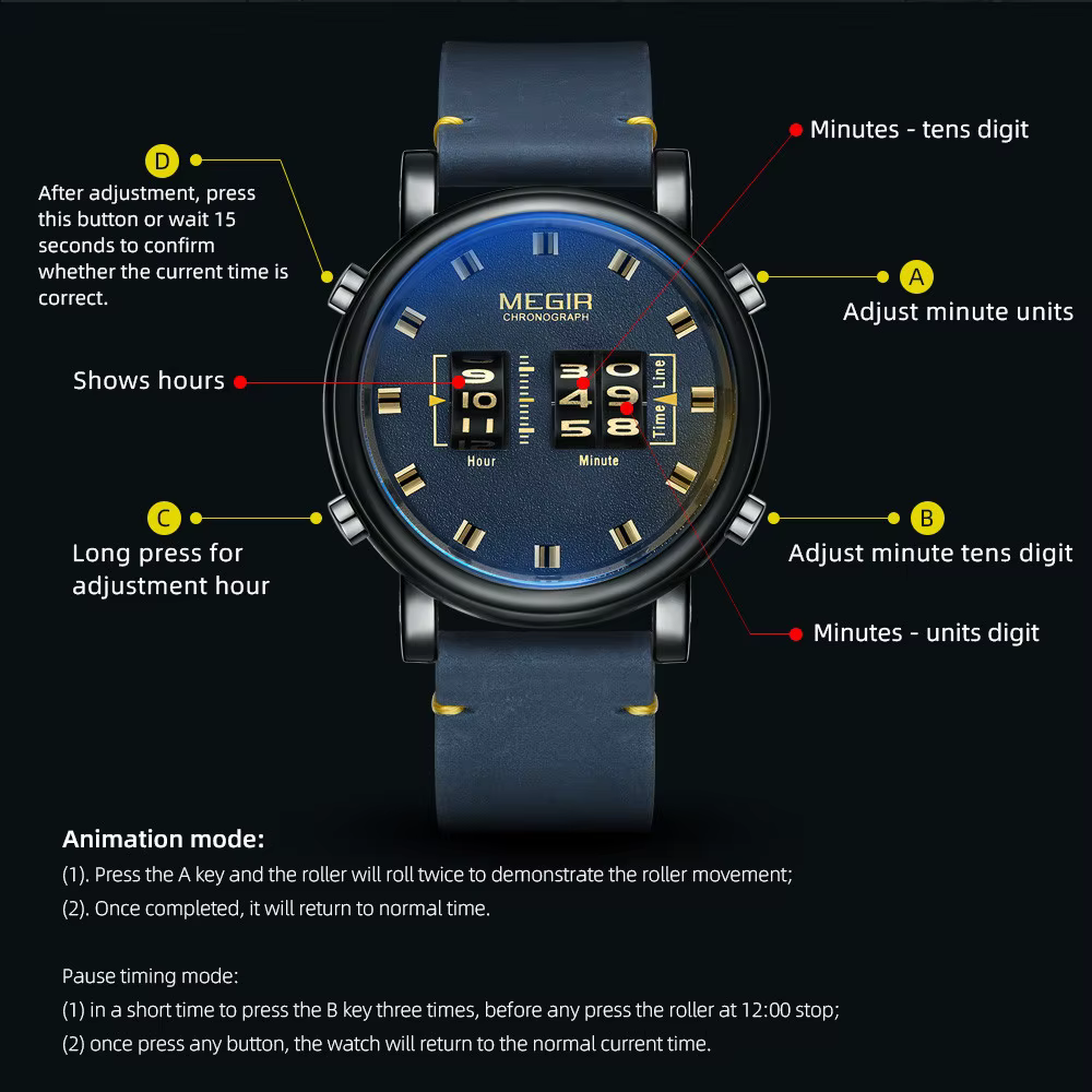 Montre-bracelet numérique MEGIR Roller, cadran numérique, mouvement à quartz, montre de sport pour homme, 3ATM étanche, bracelet en cuir, montres Reloj Hombre