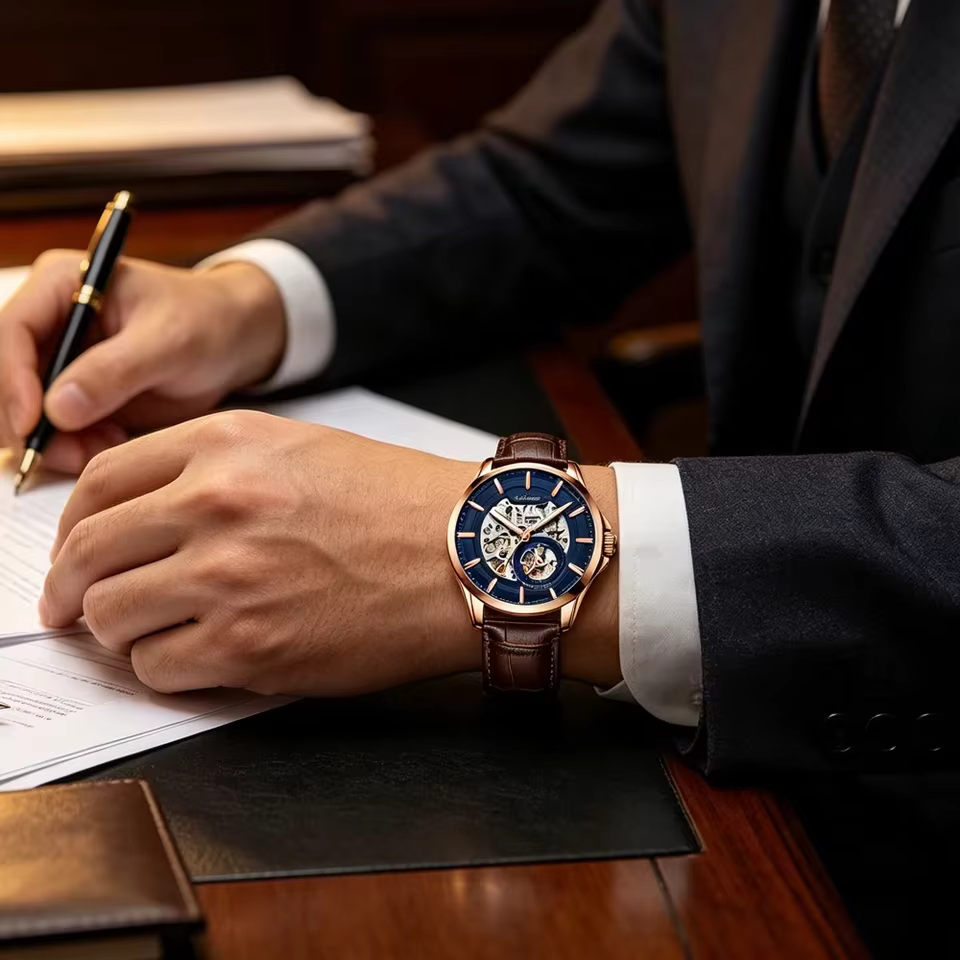 Montre Homme Automatique Mécanique AILANG Haut de Gamme en Acier Inoxydable Lumineuse Luxe Affaires Squelette Transparent