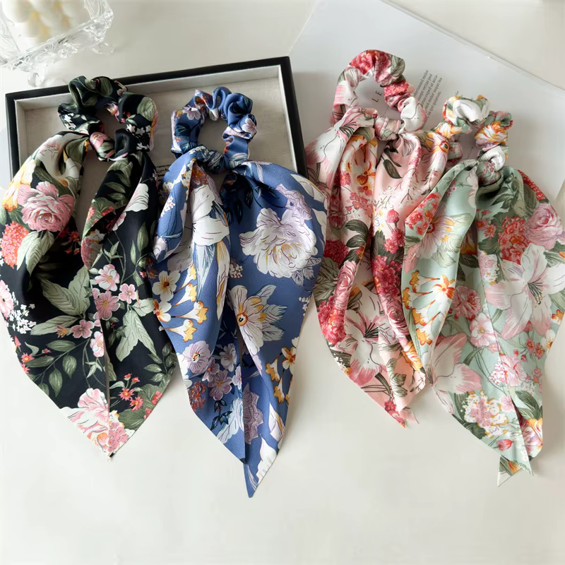 Bandeau plissé décoratif en ruban satiné imprimé, chouchou pour cheveux exquis pour femme, accessoires de mode printemps-été