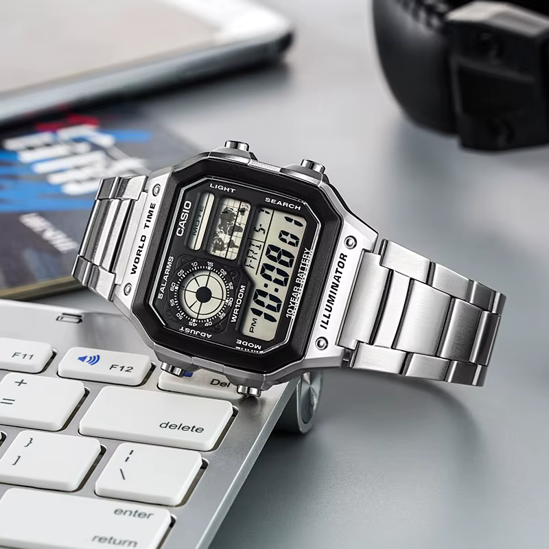 Série Casio AE1200WH | Montre numérique pour homme | 100M WR | Alarmes multiples | Chronomètre 100 secondes | Minuterie
