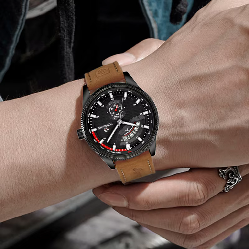 Montre de sport FORSINING pour homme, automatique, à remontage automatique, mécanique, avec date, bracelet en cuir, montre-bracelet pour homme d'affaires, résistante à l'eau