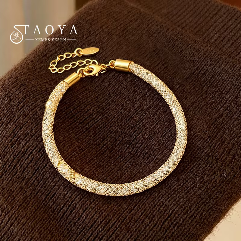 Nouveau Bracelet en Maille Métallique Dorée Incrusté de Zircone pour Femme