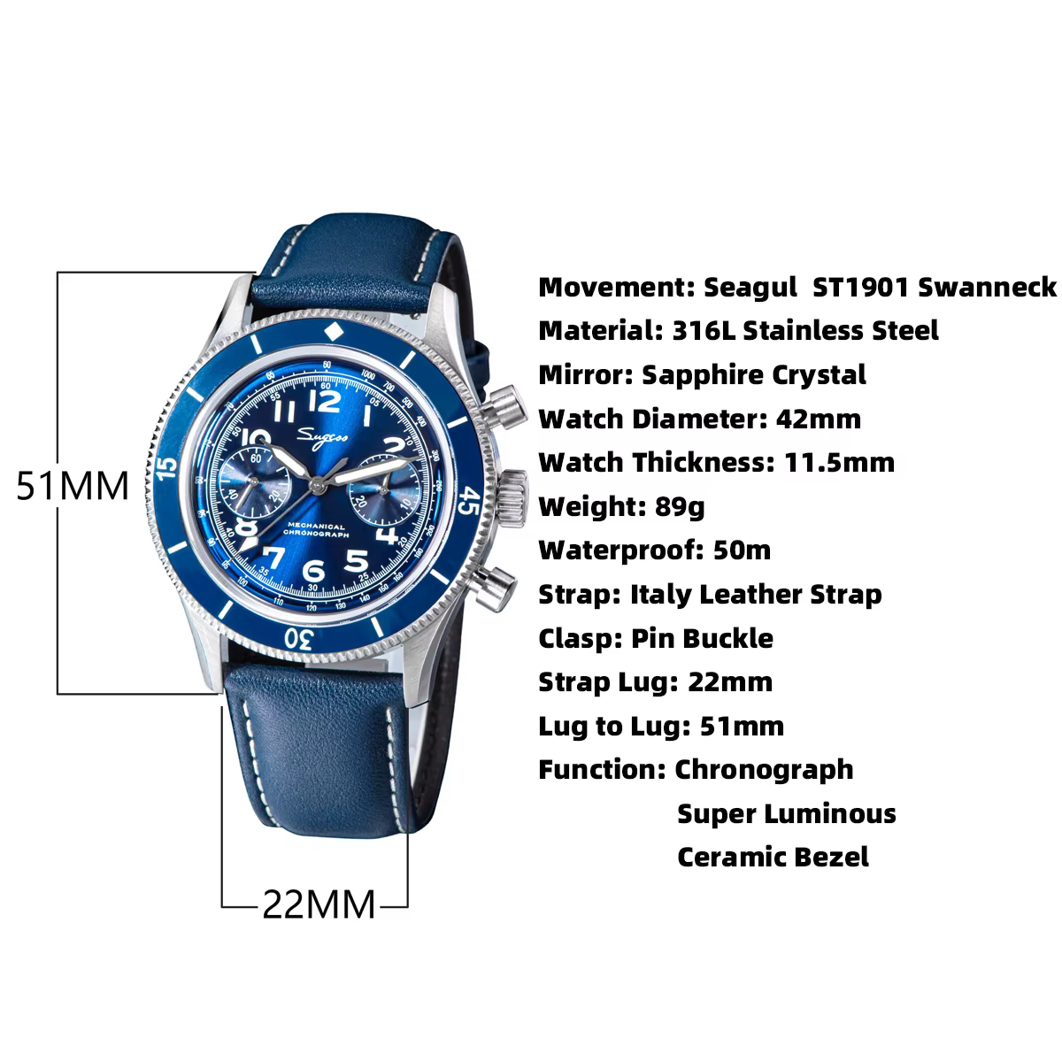 Sugess – montre ST1901 pour hommes