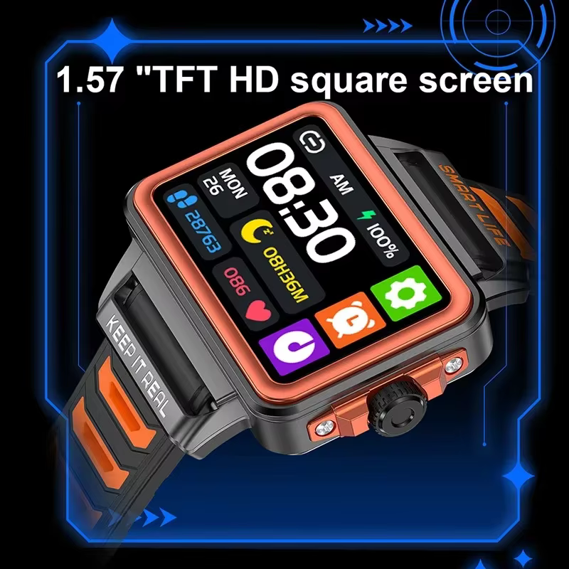 Hip Hop mode personnalité montre intelligente 1.57 pouces HD écran 24h continu fréquence cardiaque moniteur de sommeil jeu étanche Smartwatch