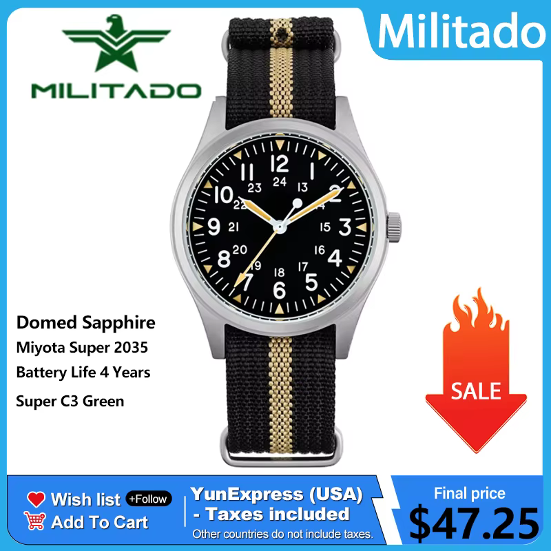 Militado ML07C Vintage 36mm montre à Quartz mis5 Super 2035 mouvement bombé saphir cristal lumineux 10Bar montres étanches
