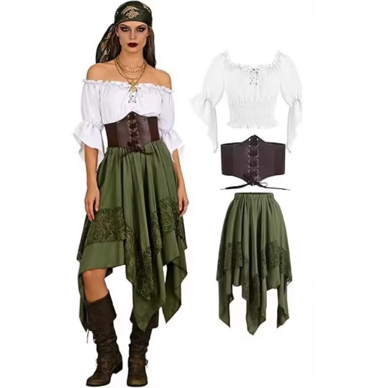Costume de pirate Renaissance pour femmes, ensemble 3 pièces, chemisier, corset, ceinture, jupe asymétrique en dentelle, déguisement d'Halloween, tenue médiévale