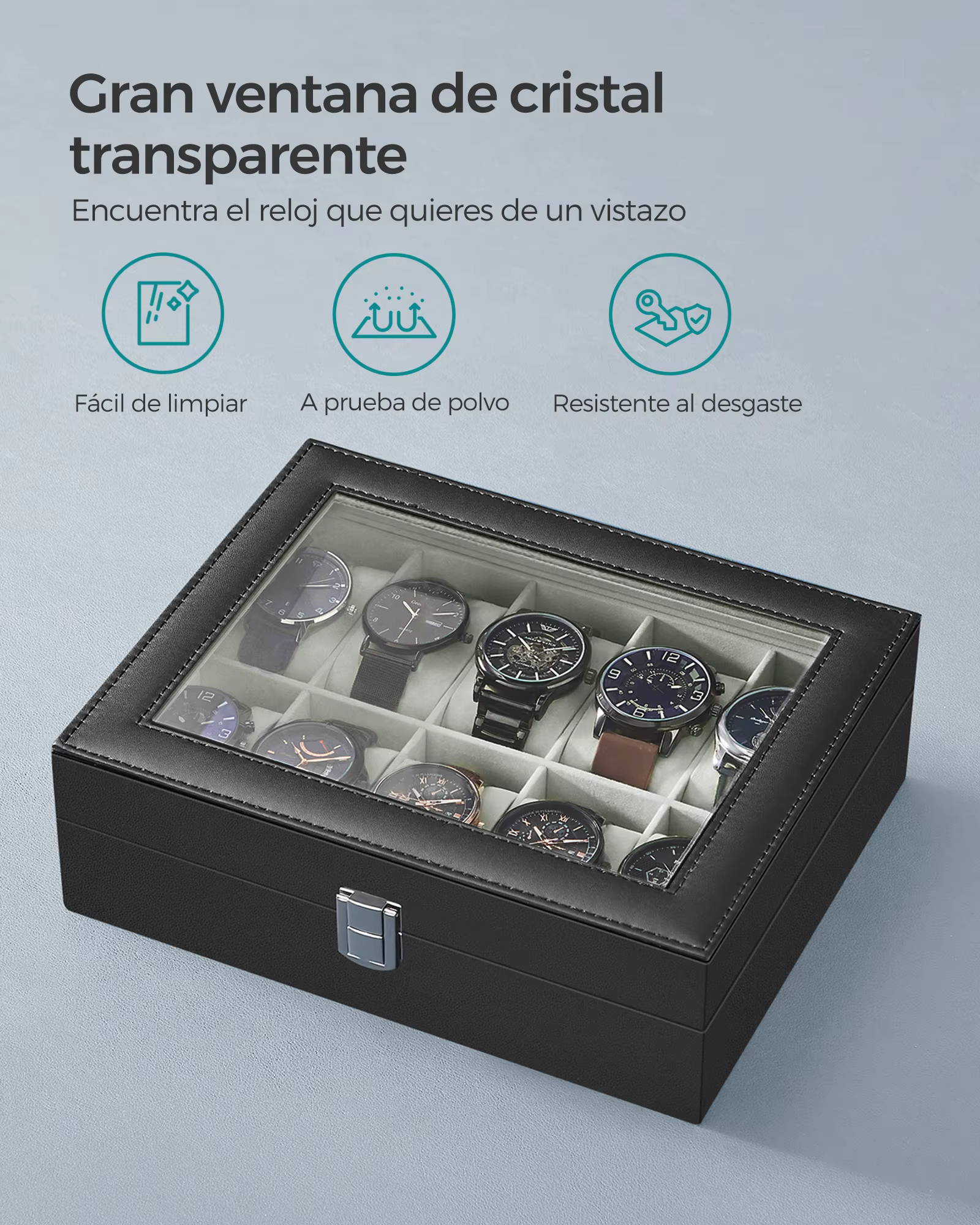 Boîte de présentation de montres à 10 compartiments avec couvercle en verre transparent
