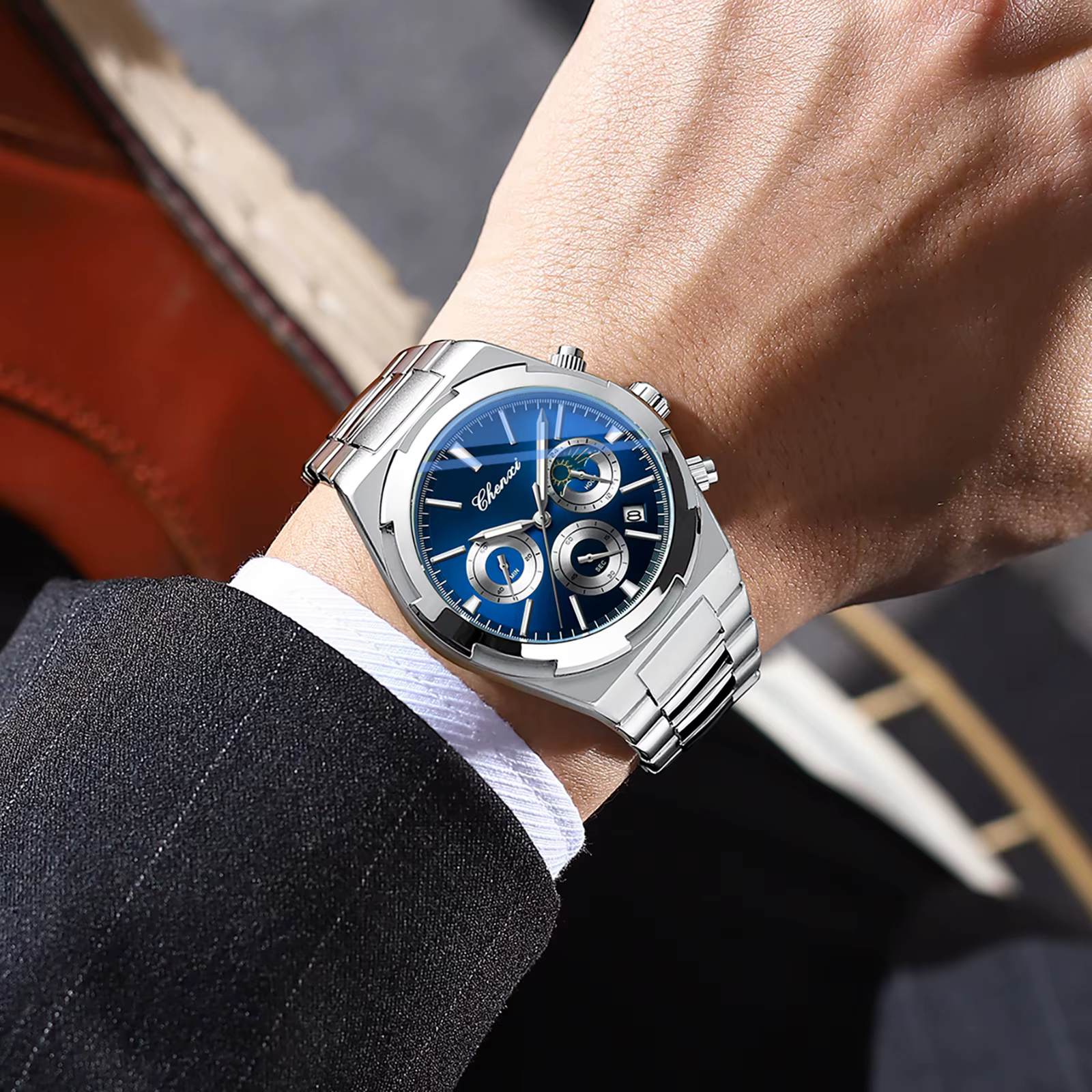 Montres pour hommes classique multifonctionnel chronographe montre de sport haut de gamme en acier inoxydable étanche lumineux montre-bracelet à Quartz