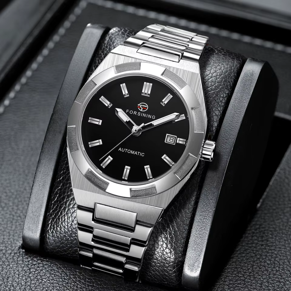 Nouveau noir hommes d'affaires Style classique décontracté automatique auto-vent montre mécanique bracelet en acier inoxydable grand cadran analogique calendrier