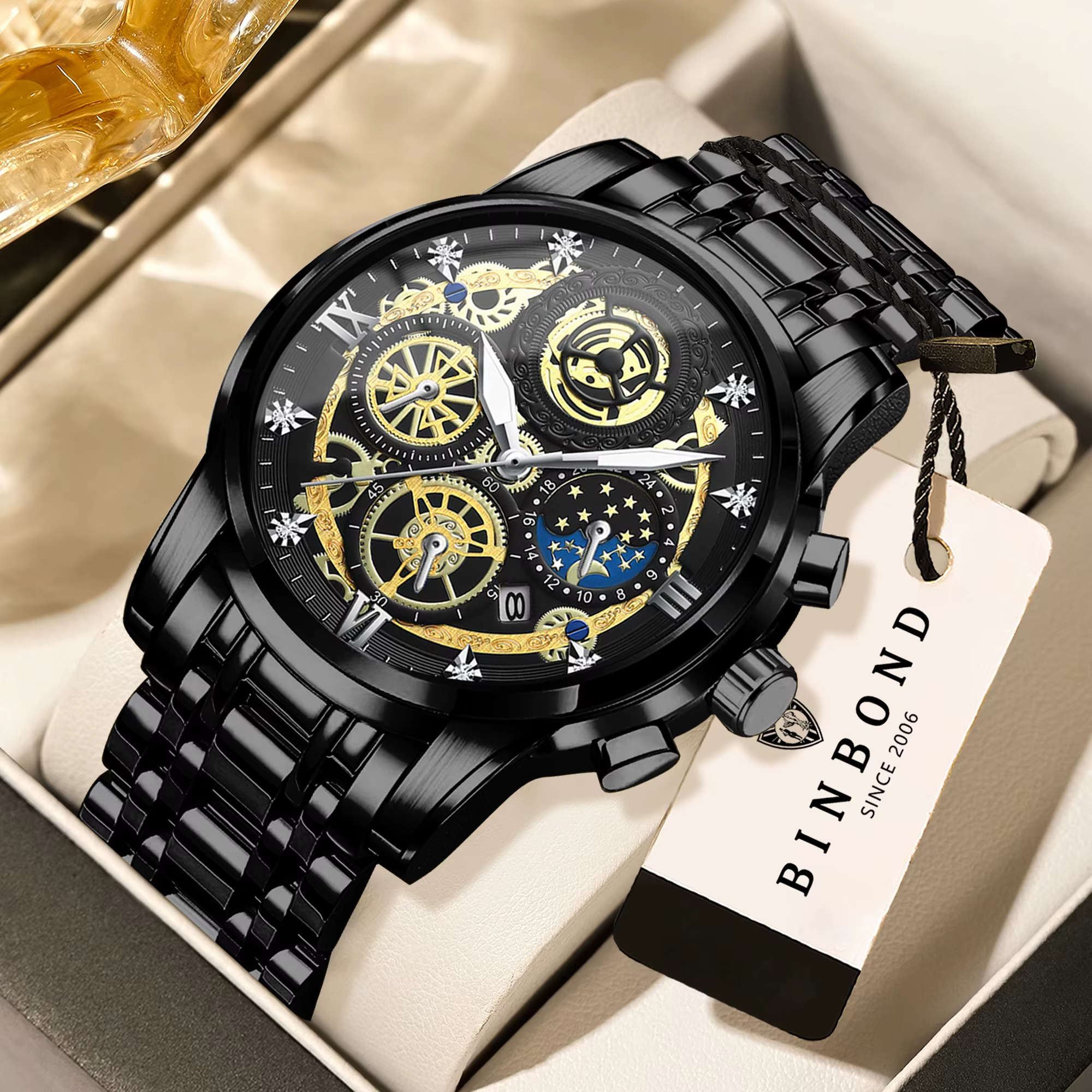 BINBOND luxe Quartz pour hommes montre bracelet en acier inoxydable cadran