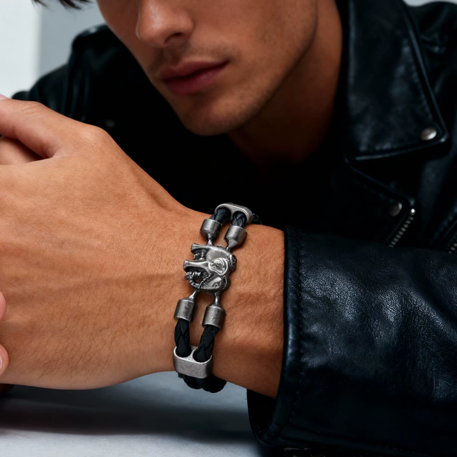 Bracelet en cuir noir d'éléphant Vintage pour hommes