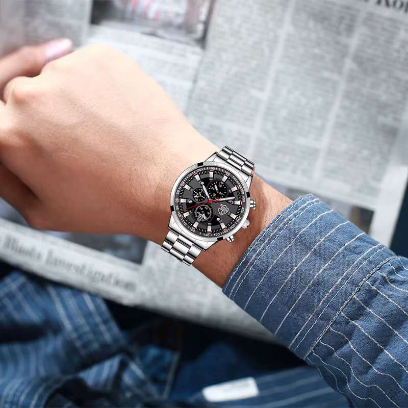 Montre homme Montre-bracelet à Quartz en acier inoxydable pour homme