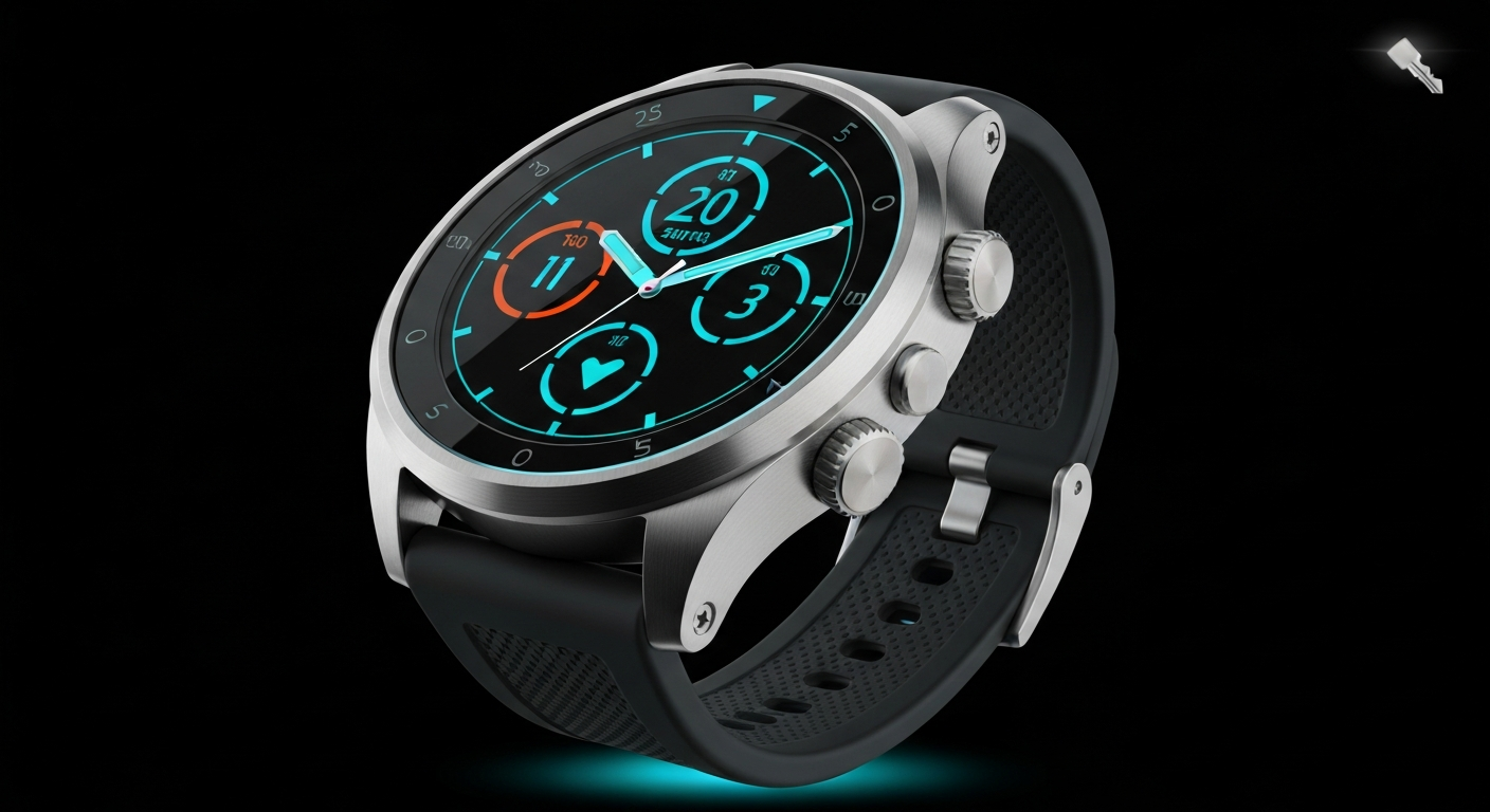 Pulse Endurance — smartwatch sport titane noir mat avec écran AMOLED affichant un tableau de bord biométrique cyan